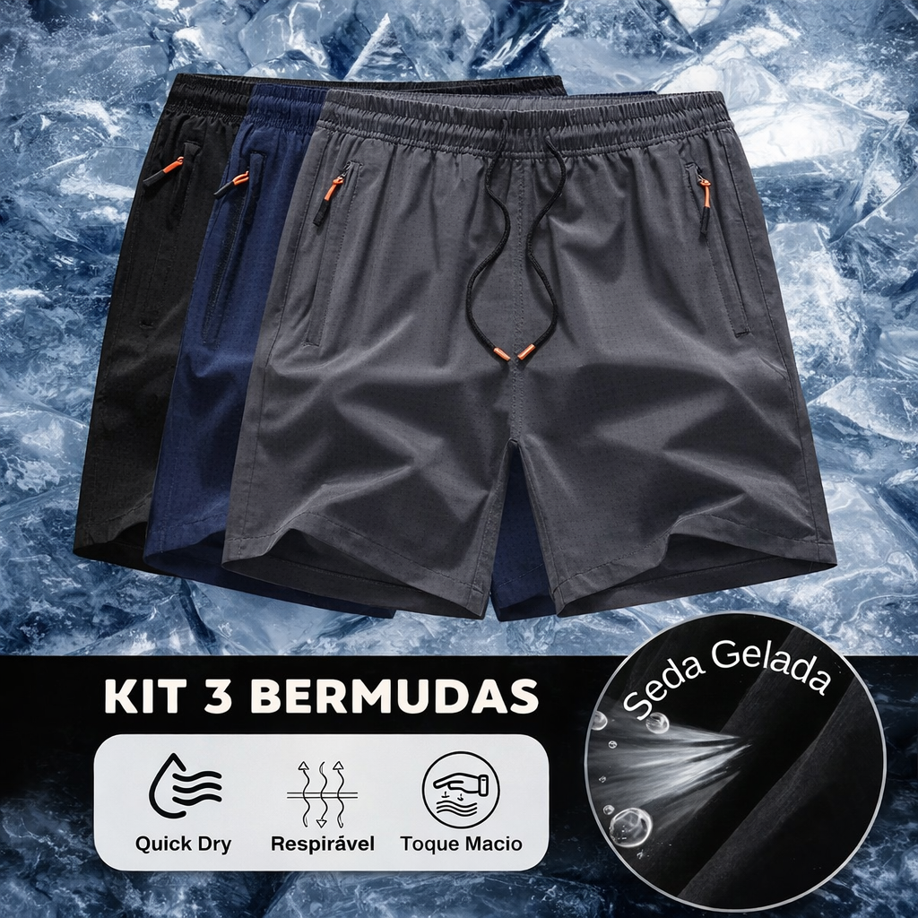 Kit 3 Bermudas Dry Fit Alto Padrão Seda Gelada Texturizada